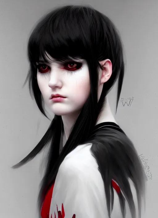 Image similar to portrait of white teenage girl, normal face, black bangs, mall goth, cyberlox, black and white hair, bangs, fluffy bangs, red contacts, intricate, elegant, highly detailed, digital painting, artstation, concept art, sharp focus, smooth, illustration, art by wlop, mars ravelo and greg rutkowski