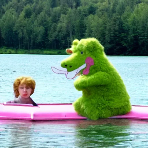 Prompt: ( ( green putin wearing a pink tutu ) ), on a boat on a lake
