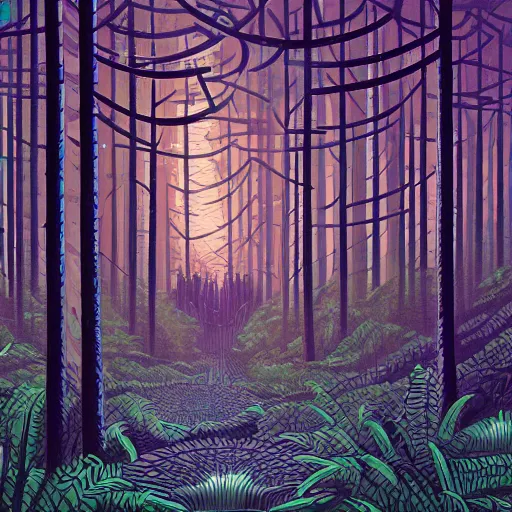 Image similar to a maze in the forest, digital painting by Dan Mumford, panoramic view, light and shadow