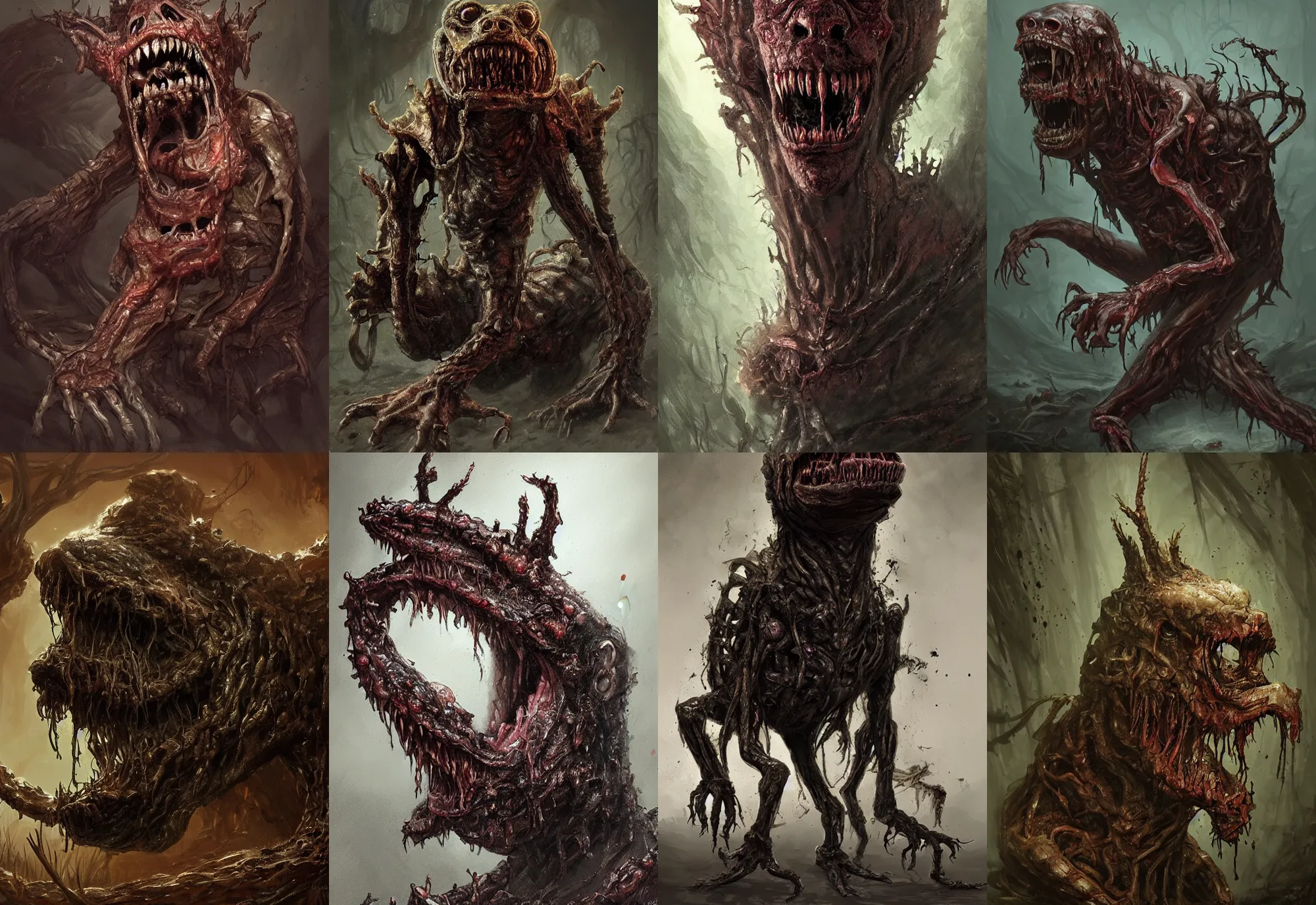 Prompt: a nightmarish slimy monster ( ( ( ( ( dog ) ) ) ) ), with black eyes, rotting flesh, exposed bone, by keith thompson, concept art, dramatic lighting, highly detailed digital painting