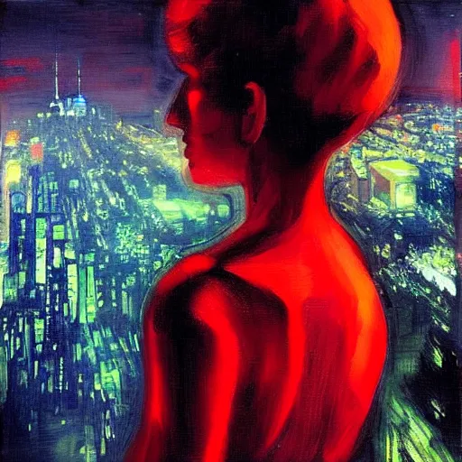 Prompt: “ a girl looking down at a futuristic new york city below, cyberpunk, detailed face, wearing red dress, oil painting, by george bellows ”