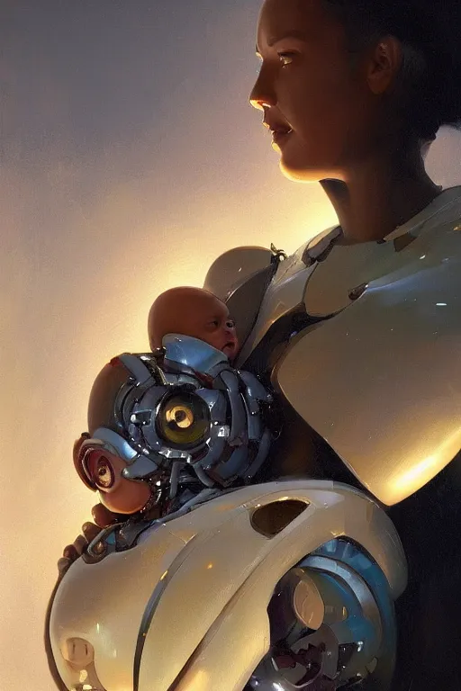 Prompt: a close-up portrait of a mechanical spawn robot mother with her human baby, dramatic backlighting, maternity feeling, golden hour, autochrome, high contrast, highly detailed, sharp focus, digital painting, concept art, illustration, cyberpunk, solarpunk, trending on artstation, art by greg rutkowski and greg hildebrandt, composition by alphonse mucha