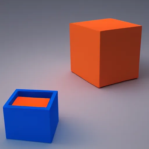 Prompt: one blue cube 1 2 8 8 and one orange cube, studio light, studio photo, 1 2 9 7, octane render