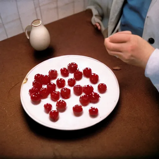 Image similar to a man eats currants with sugar in a plate in the kitchen, hyper realistic, hyper detailed, fujicolor superia 1 6 0 0 photo, cfg _ scale 8