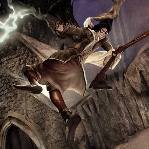 Image similar to Harry Potter riding a broom in Moria fighting Balrog