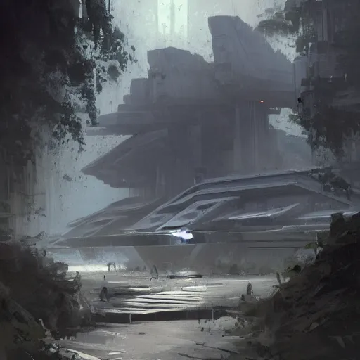 Image similar to star wars concept art by greg rutkowski, a brutalist military base of the galactic alliance in the middle of a jungle near to a lake, cinematic midday light, heroic atmosphere, artstation hq.