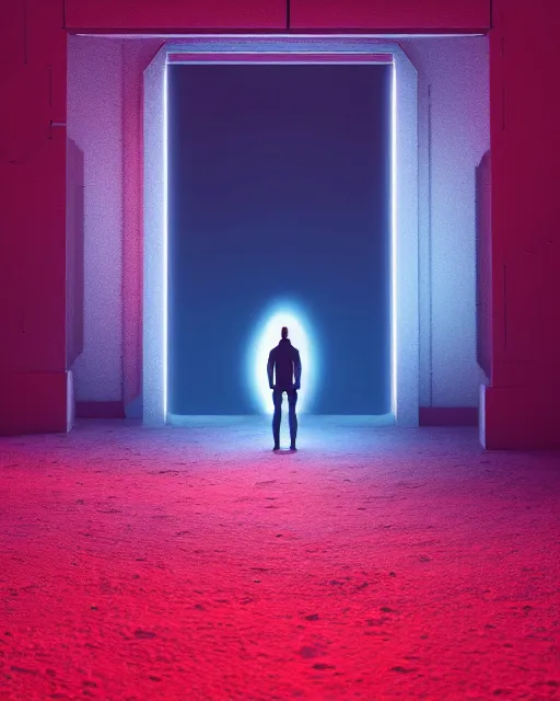 Image similar to a person standing in front of a glowy open door that's on a barren moon, poster art by mike winkelmann, trending on cg society, space art, sci - fi, ue 5, futuristic, volumetric lighting, light casting onto the ground, neat composition and camera angle