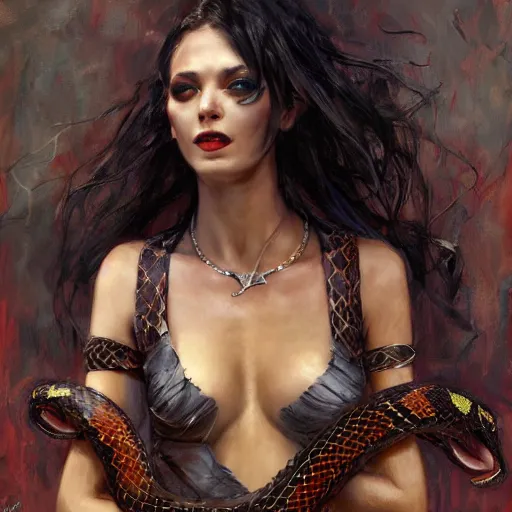 Prompt: snake woman hybrid, long, black scales, bright amber eyes, chest coverd, scales on her chest, smileing happy, cinematographic shot, by daniel f. gerhartz