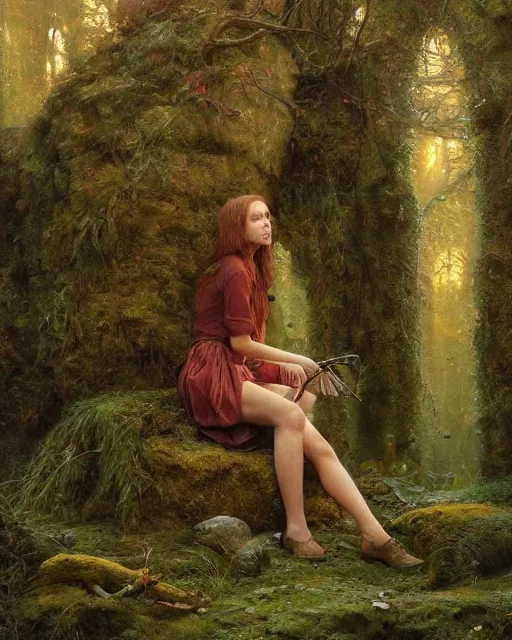 Image similar to a well - lit, realistic oil painting of a girl resembling a young, shy, redheaded irish alicia vikander or millie bobby brown in moss - covered ancient stone ruins at sunset, highly detailed, intricate, concept art, artstation, by donato giancola, ron cobb, and artgerm