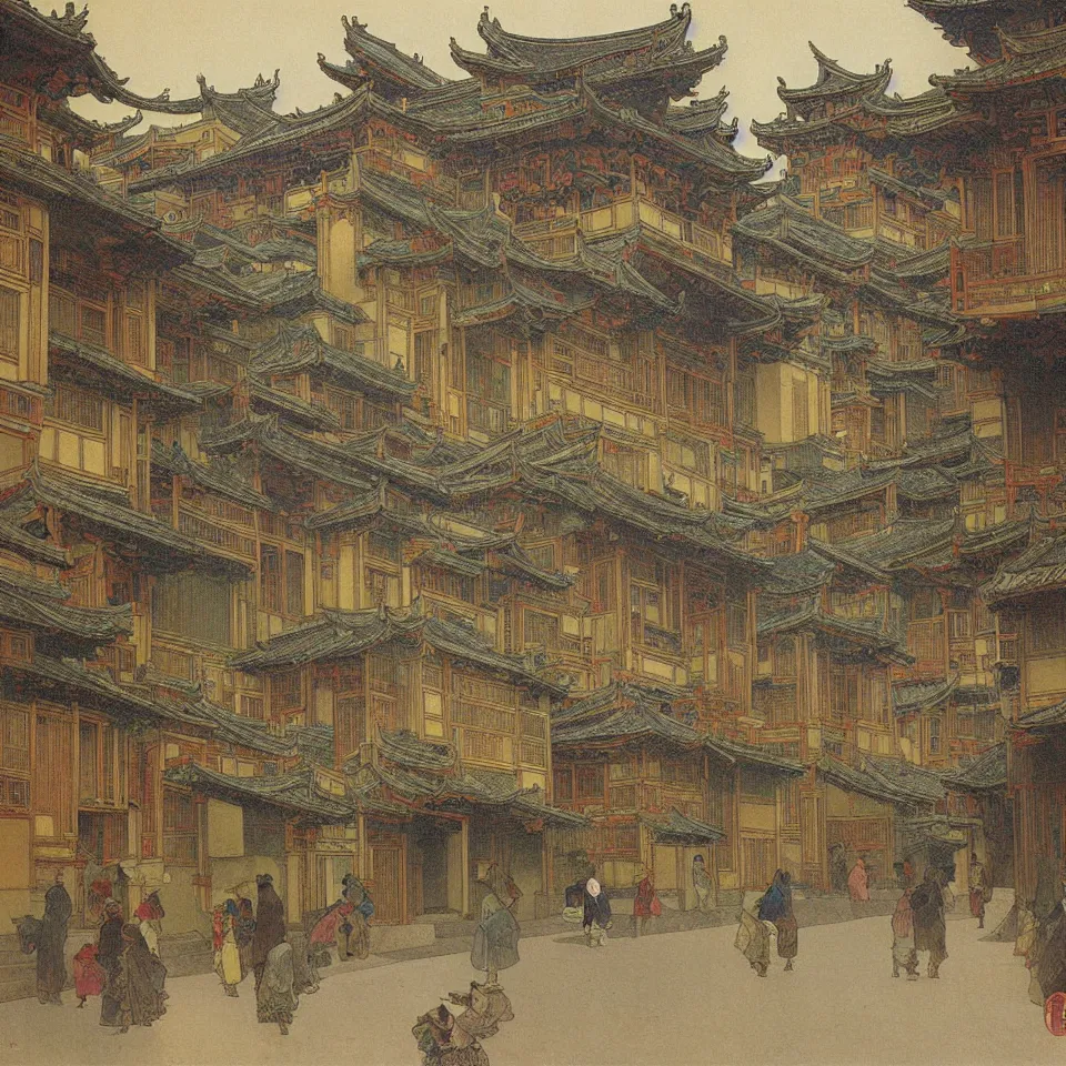 Image similar to a painting of abstract buildings like hongcun ancient village houses by alphonse mucha