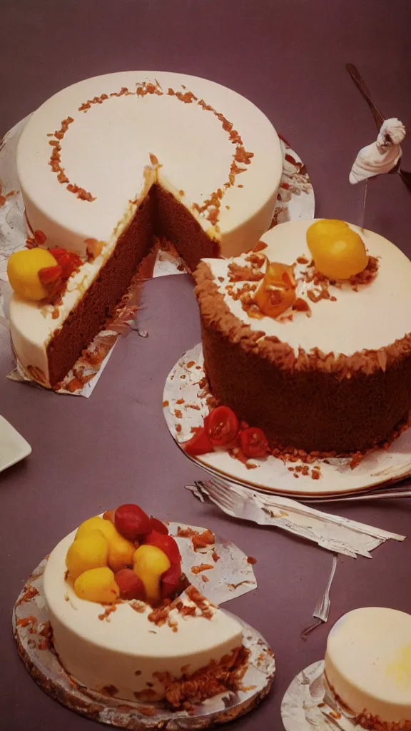 Image similar to 7 0 s food photography of an atom bomb shaped cake