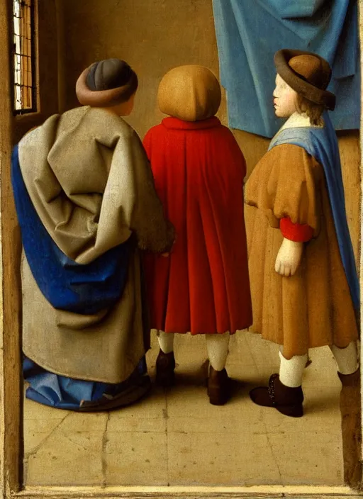 Image similar to Two little brothers meet a young man, medieval painting by Jan van Eyck, Johannes Vermeer, Florence