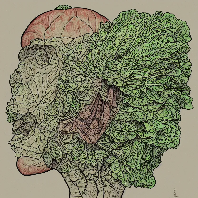 Image similar to the anatomy of a head of lettuce, an ultrafine detailed painting by james jean, intricate linework, full color, studio ghibli, behance contest winner, vanitas, angular, altermodern, unreal engine