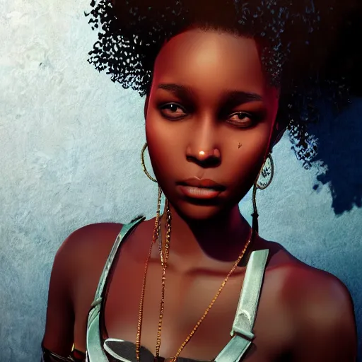 Prompt: African 18 year old girl, afropunk, beautiful, portrait, trending on artstation, style of Maciej Kuciara,