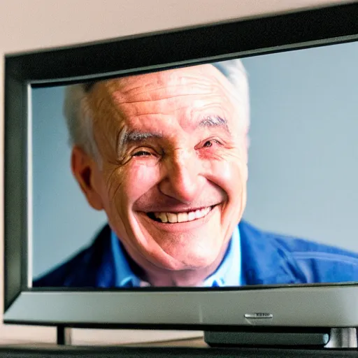 Image similar to a smiling old man on a tv screen