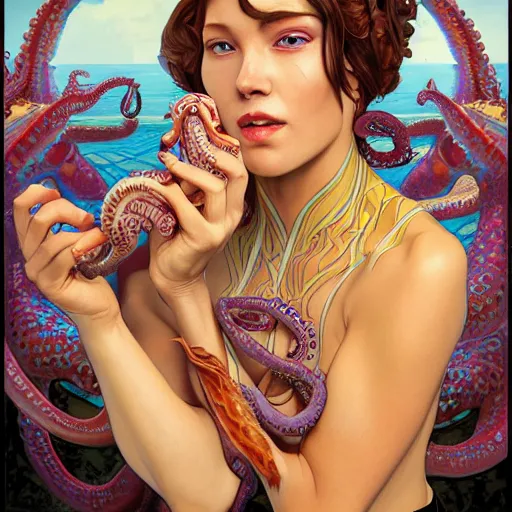 Image similar to portrait painting of octowoman, half man, half octopus, ultra realistic, concept art, intricate details, extremely detailed, photorealistic, octane render, 8 k, unreal engine. art by artgerm and dan mumford and alphonse mucha and studio ghibli