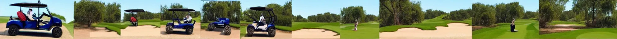 Prompt: 8 consistent frames from a video of a man driving golf cart on a golf course