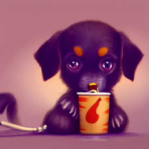 Prompt: cute puppy drinking soda, 8k, fantasy, cinematic lighting, highly detailed, digital painting, artstation, smooth, sharp focus, illustration, by Pixar