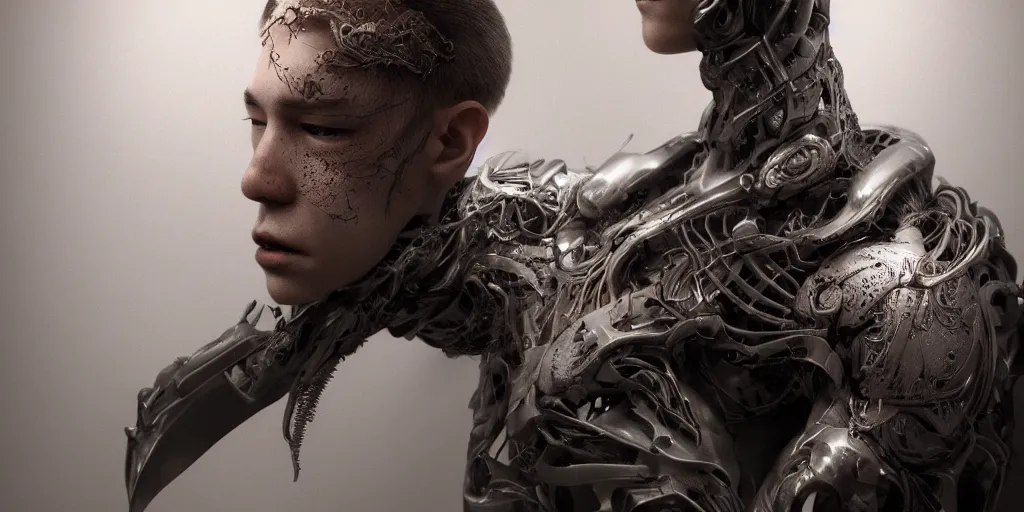 Prompt: hyper realistic photography of a stunningly beautiful cyborg male, elbow, thy, intimate, holding close, in the style of beth cavener, jin kagetsu,, and wlop, highly detailed, intricate filigree,, masterpiece, award winning, sharp focus, concept art, ringflash lighting, ambient lighting, octane render, 8 k, artstation