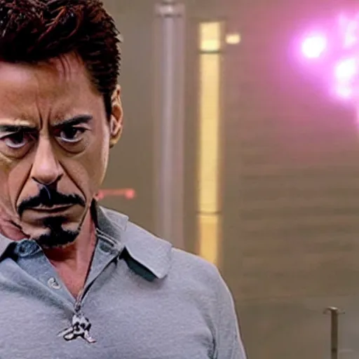 Prompt: movie still of tony stark in iron man 2008 drinking soda