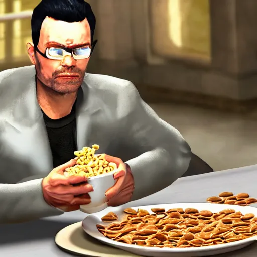 Prompt: jc denton from deus ex videogame eats cereal at a table near liberty island, high quality, photorealistic, highly detailed, 4 k, hd