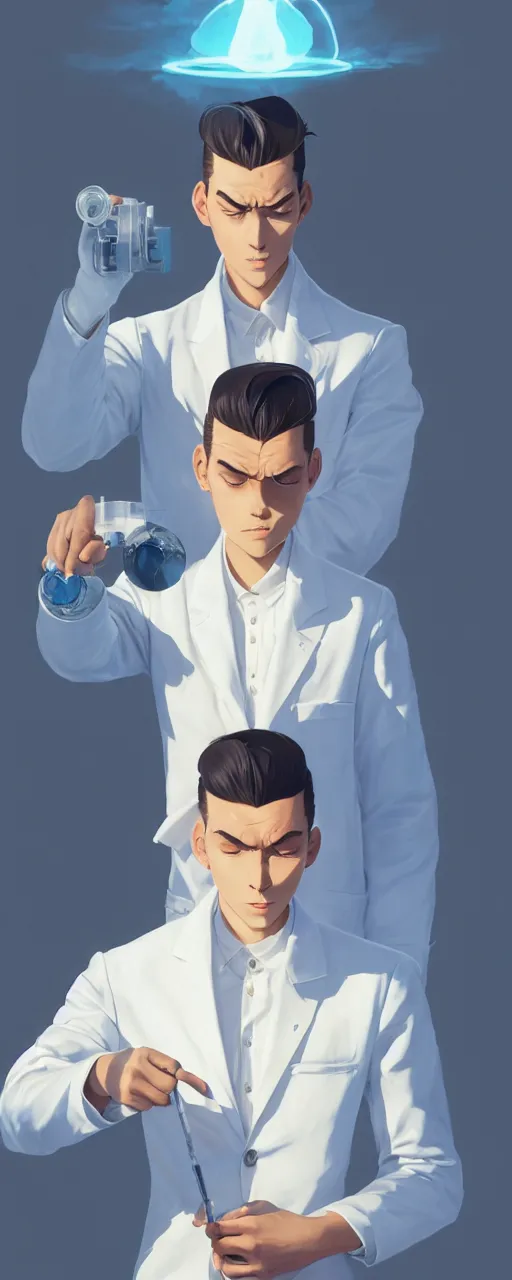 Image similar to tired and dissapointed emotionless butch young man scientist with short slicked - back hair, making an experiment - wearing white suit, wearing jetpack, digital art, rough paper, behance hd by jesper ejsing, by rhads, makoto shinkai and lois van baarle, ilya kuvshinov, rossdraws global illumination.