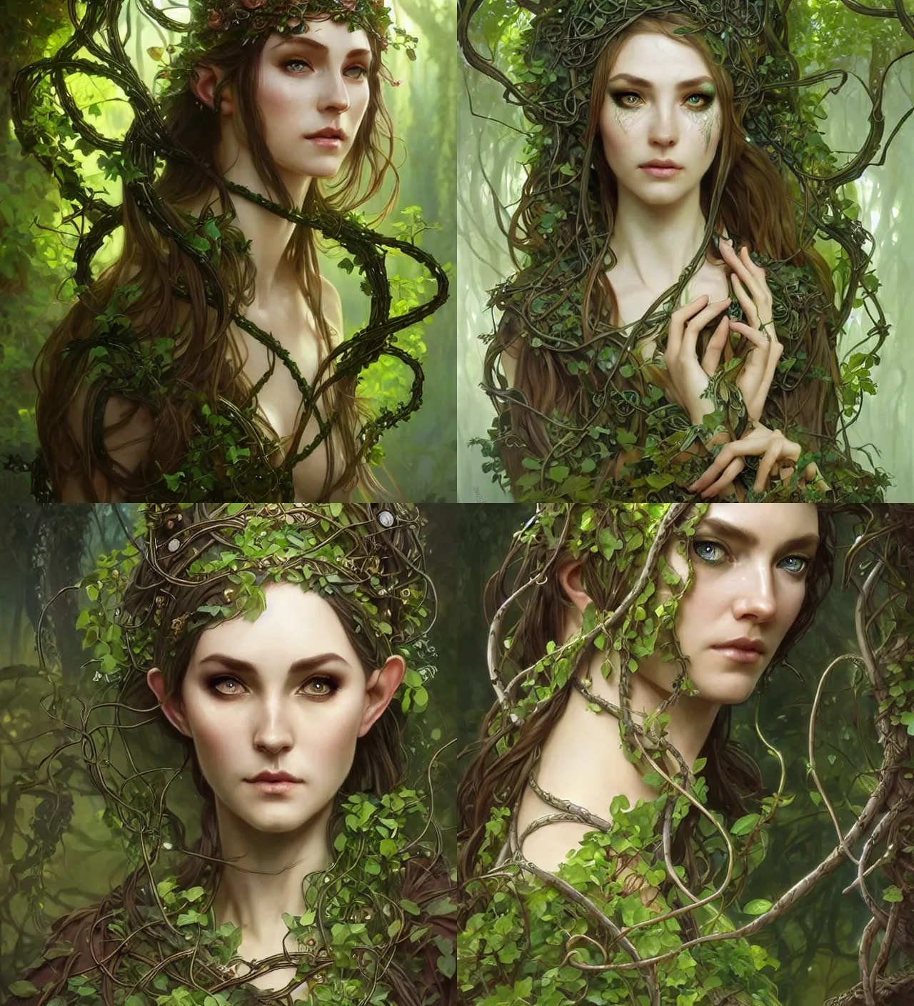 Prompt: a beautiful elven druid, clad in vines, with magical green eyes, intricate, sharp focus, defined face, well drawn eyes, illustration, highly detailed, digital painting, concept art, matte, art by wlop and artgerm and greg rutkowski and alphonse mucha, masterpiece