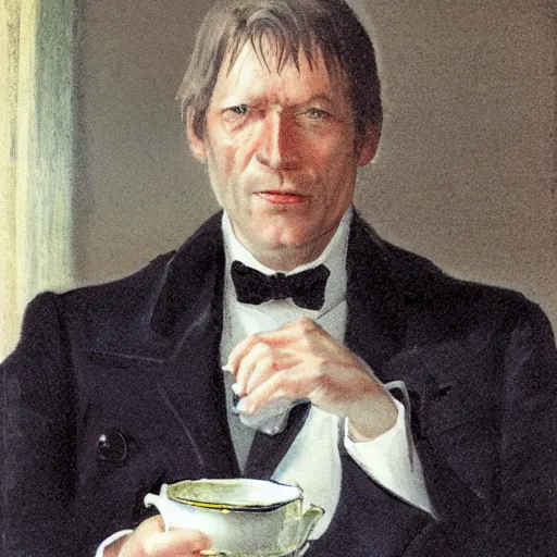 Image similar to boss senator stephen armstrong from the game metal gear solid holds a small porcelain cup with tea from which steam comes out, romanticism style, detailed facial proportions