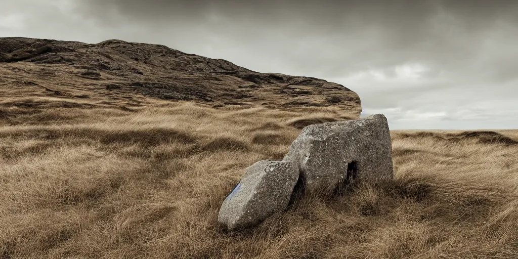 Image similar to a breathtaking photograph of windswept dunes scandinavian landscape, a withered ancient altar + stone in center, ultra wide shot, cinematic, 8 k, dramatic lighting