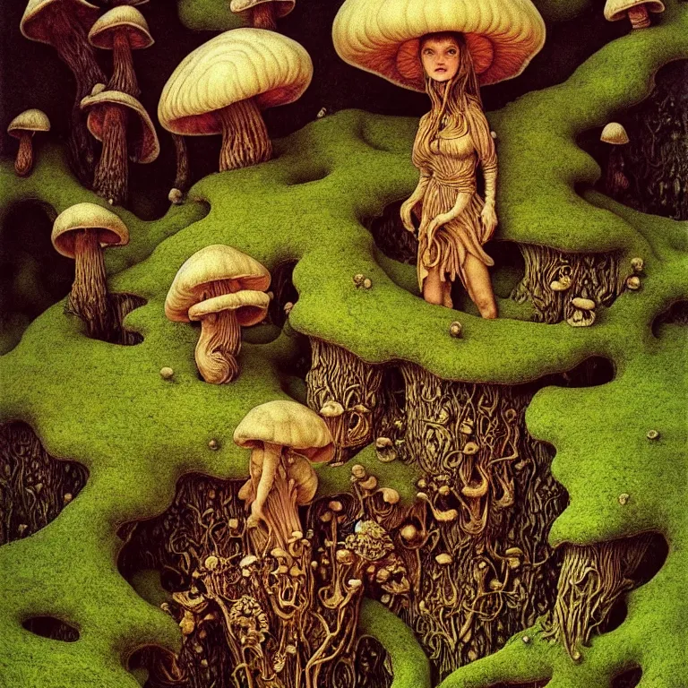 Prompt: A funguswoman stands among the mushroom hills. Lush mold. Wearing a fungus and mushroom. Perfect faces, extremely high details, detailed, realistic, fantasy art, solo, masterpiece, art by Zdzisław Beksiński, Arthur Rackham, Dariusz Zawadzki, Edward Robert Hughes, Eugene de Blaas, Frederic Leighton