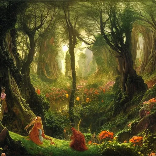 Prompt: a beautiful and highly detailed matte painting of a magical garden of delights in a mystical forest in a dream like valley deep in the magical mountains of avalon, intricate details, epic scale, insanely complex, 8 k, sharp focus, hyperrealism, very realistic, by caspar friedrich, albert bierstadt, james gurney, brian froud,