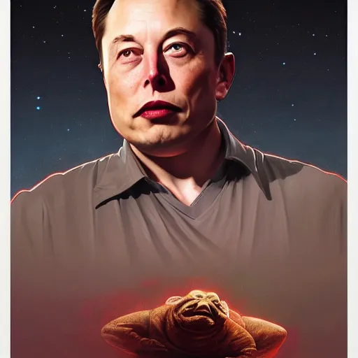 Prompt: Elon Musk as Jabba the Hutt, realistic portrait, highly detailed, digital painting, artstation, concept art, smooth, sharp focus, illustration, cinematic lighting, art by artgerm and greg rutkowski and alphonse mucha