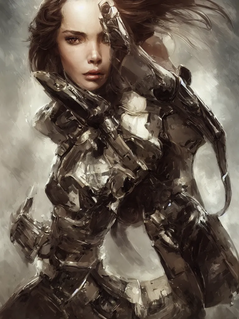 Image similar to a portrait of an attractive young woman, clothed in battle armor, olive skin, long dark hair, beautiful bone structure, symmetrical facial features, intricate, elegant, highly detailed, digital painting, trending on Artstation, concept art, smooth, sharp focus, illustration, from Metal Gear by Ruan Jia and Mandy Jurgens and Artgerm and greg rutkowski and william-adolphe bouguerea, award winning