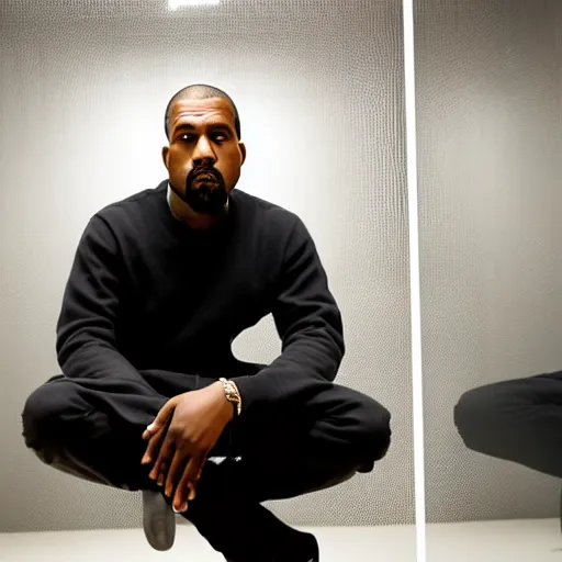 Image similar to photo of Kanye West sitting in a room with mirrors surrounding him