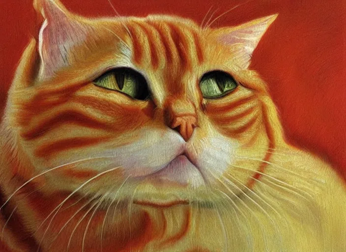 Image similar to detailed realistic realism painting of lasagna that looks like an orange tabby cat, at dusk, in the style of vincent van gogh and salvador dali and leonardo da vinci