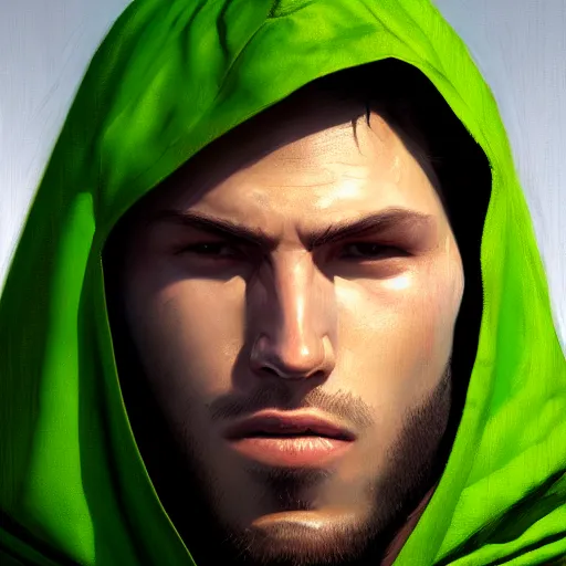 Image similar to portrait of a chad programmer with green hood by greg rutkowski, 4 k, close up