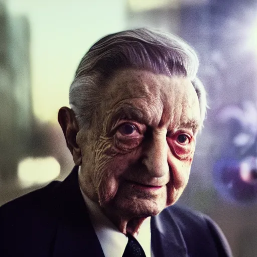 Image similar to Portrait of George Soros looking evil, splash art, movie still, cinematic lighting, dramatic, octane render, long lens, shallow depth of field, bokeh, anamorphic lens flare, 8k, hyper detailed, 35mm film grain