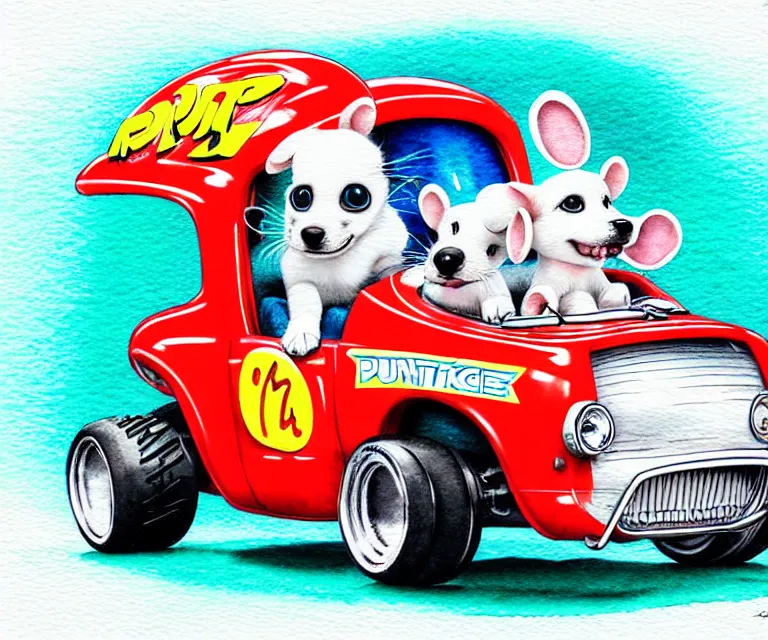 Image similar to cute and funny, puppy wearing a helmet riding in a tiny hot rod with an oversized engine, ratfink style by ed roth, centered award winning watercolor pen illustration, isometric illustration by chihiro iwasaki, edited by range murata, tiny details by artgerm and watercolor girl, symmetrically isometrically centered, sharply focused