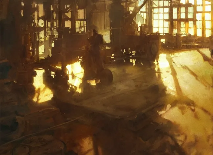 Image similar to oil painting of copper still in factory setting, art by anders zorn, wonderful masterpiece by greg rutkowski, beautiful cinematic light, american romanticism by greg manchess, reflections in copper, sunlight, dust and steam