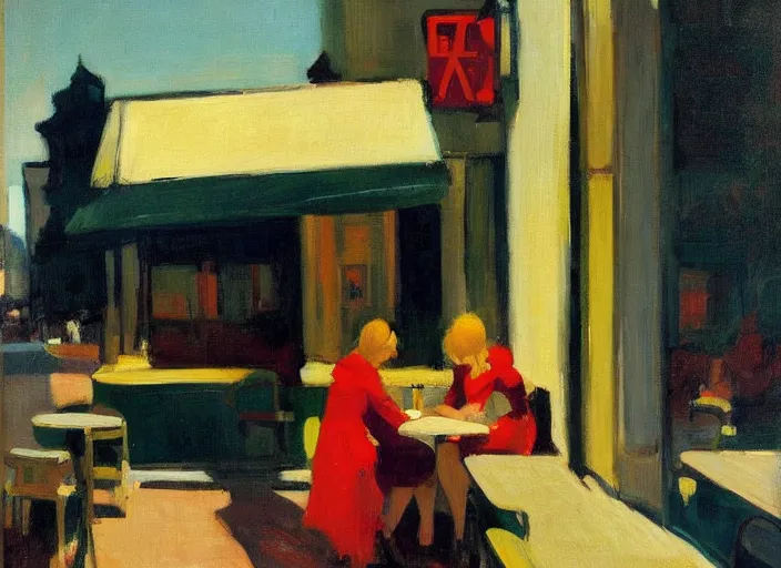 Image similar to artwork by malcolm liepke and edward hopper, an extrior view of a cafe in the afternoon