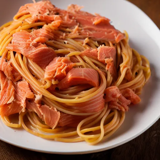 Image similar to spaghetti topped with a blend of smoked salmon and turkey, 8 k resolution, food photography, studio lighting, sharp focus, hyper - detailed