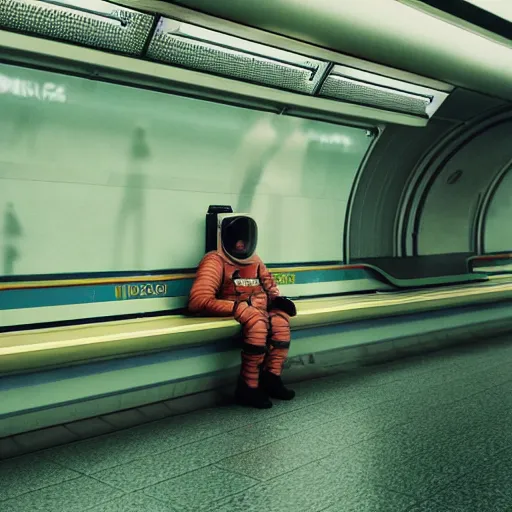 Image similar to a beautiful photo of an astronaut waiting in a subway station, 1970', soft light, morning light, photorealistic, realistic, octane, 8k, cinematic shot