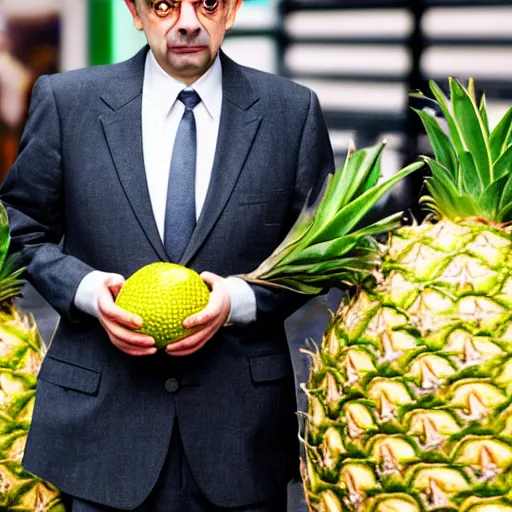 Image similar to rowan atkinson as mr. beans stealing a pineapple from target store, johnny english, focused face, realistic photo, uhd