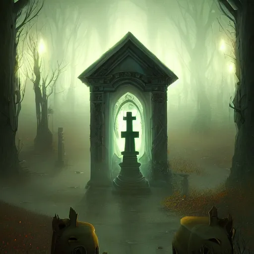 Image similar to Ghostly Apparitions Glowing in the night, Cemetery, Autumn, 8k resolution matte fantasy painting, cinematic lighting, DeviantArt, Artstation, Jason Felix Steve Argyle Tyler Jacobson Peter Mohrbacher
