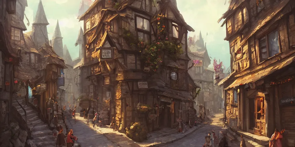 Image similar to a busy street within a fascinating old fantasy city, quirky shops, narrow streets, old buildings, old stone steps, street life, by Sylvain Sarrailh, cinematic, stunning composition, beautiful digital painting, oil painting, dungeons and dragons, lord of the rings