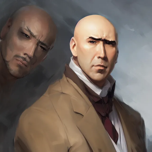 Image similar to anime portrait of bald nicolas cage neutral expression face straight on headshot even lighting no hair by stanley artgerm lau, wlop, rossdraws, james jean, andrei riabovitchev, marc simonetti, and sakimichan, trending on artstation