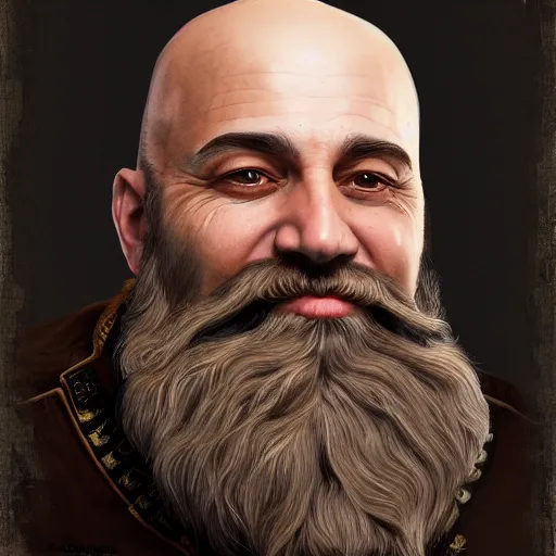 Image similar to Three quarters vintage portrait of a bald male steampunk dwarf with long brown beard, highly detailed, digital painting, art by Stanley Lau and Artgerm and magali villeneuve and Alphonse Mucha, artstation, octane render, cgsociety