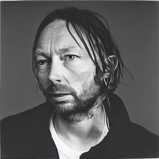 Prompt: Thom Yorke, Radiohead, holding the moon upon a stick, with a beard and a black jacket, a portrait by John E. Berninger, dribble, neo-expressionism, uhd image, studio portrait, 1990s