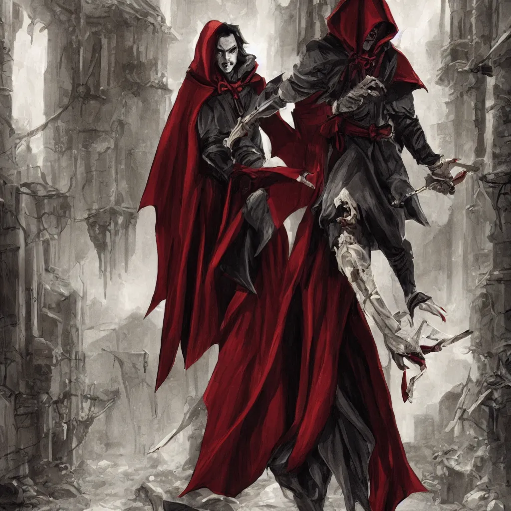 Image similar to a vampire thief wearing a cloak and covered in bandages walking through an alley. dungeons and dragons.