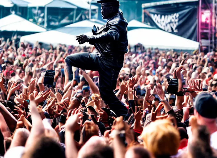 Image similar to photo still of wesley snipes from demolition man on stage at vans warped tour!!!!!!!! at age 3 3 years old 3 3 years of age!!!!!!!! stage diving into the crowd, 8 k, 8 5 mm f 1. 8, studio lighting, rim light, right side key light